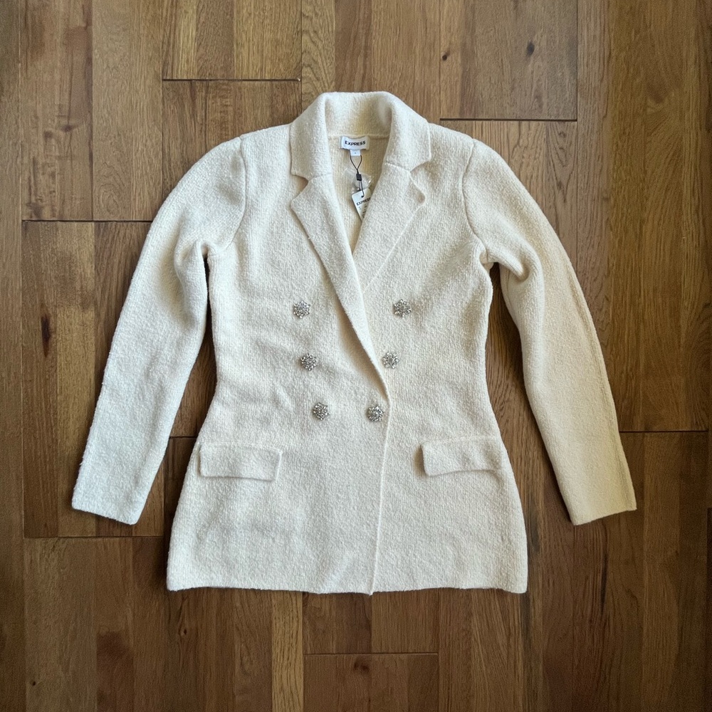 NWT Express Double Breasted Sweater‎ Blazer Cream Rhinestone Women's Sz M Glam